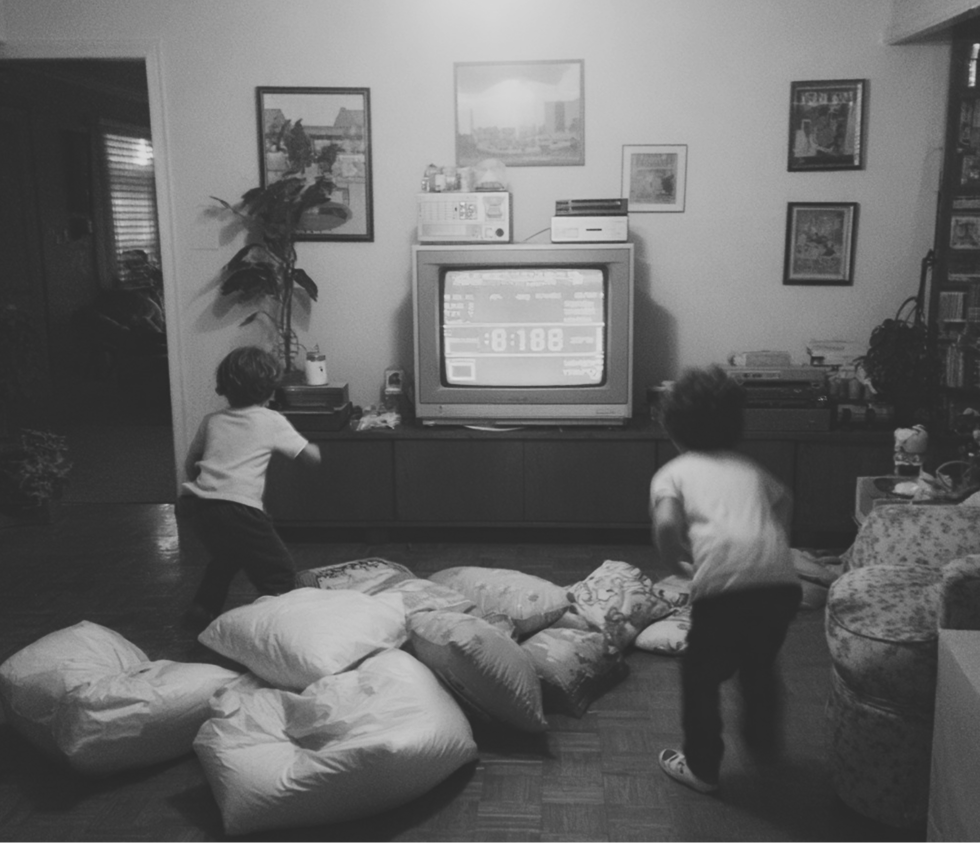 A sim on a TV screen displaying trivia